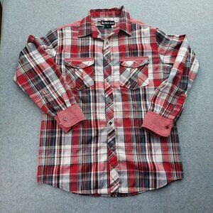Red Ape Mens Red Plaid Collared Long Sleeve Button Up Shirt  Large